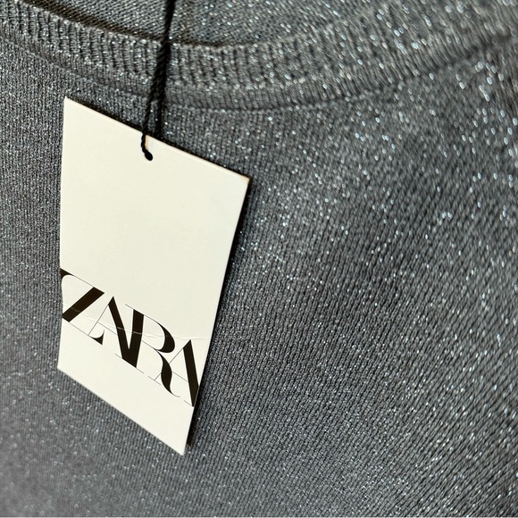 ZARA Metallic Thread Knit Sweater Gray Long Sleeve Lightweight Round Neck NWT - Picture 6 of 10